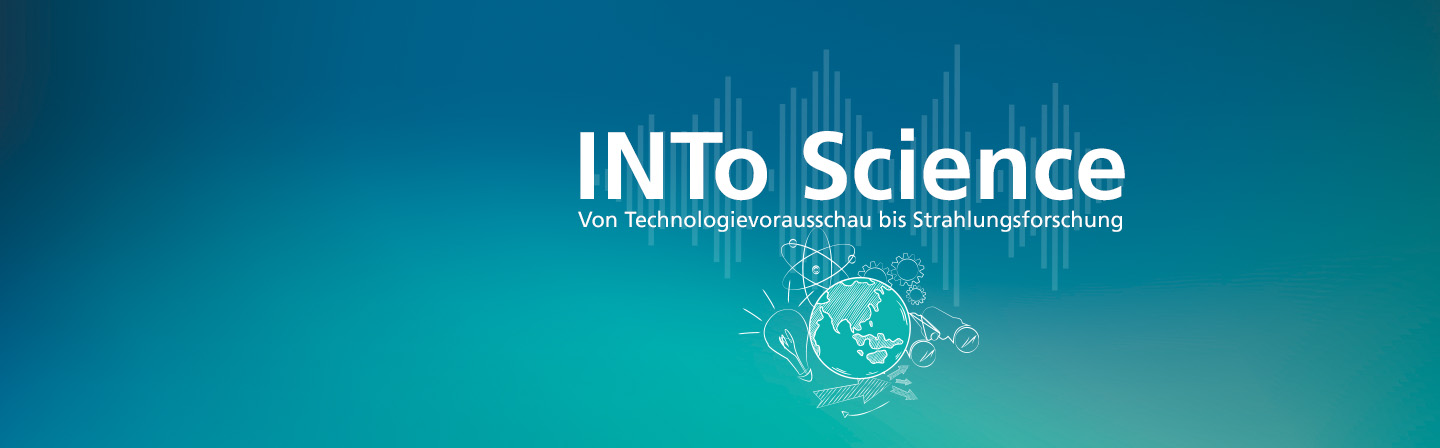 Banner für den Podcast »INTo Science« mit dem Slogan »Von Technologievorrausschau bis Strahlungsforschung« und stilisierten wissenschaftlichen Symbolen sowie einer Tonspur im Hintergrund.