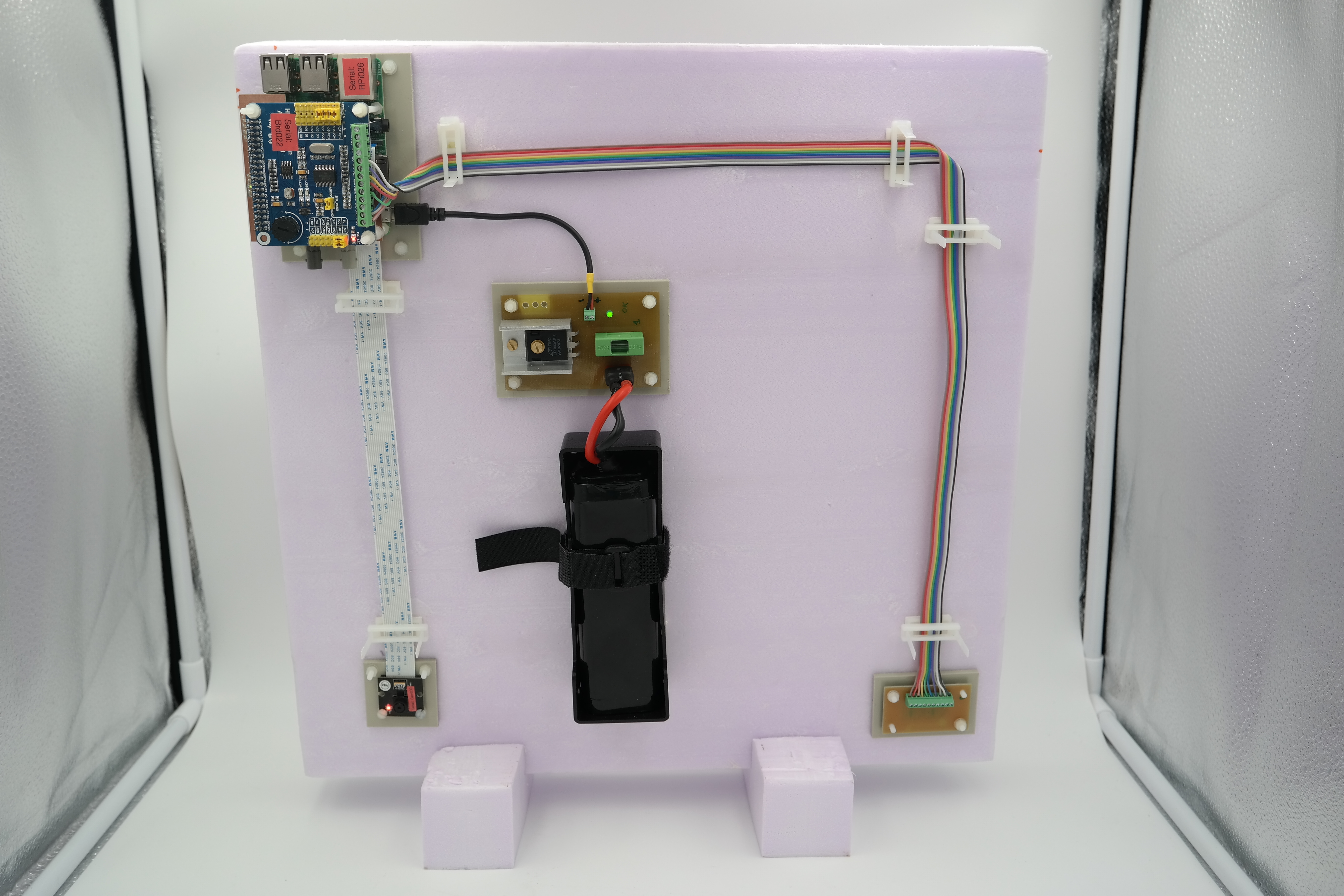 Reference test setup, comprising single-board computer, additional modules and power supply on an assembly plate